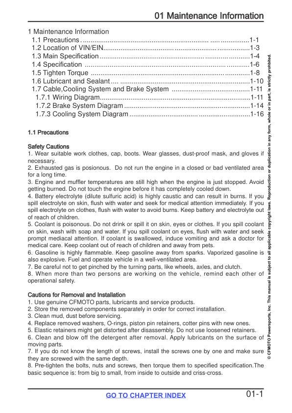 CFMOTO CFORCE 800XC Service Repair Manual table of contents