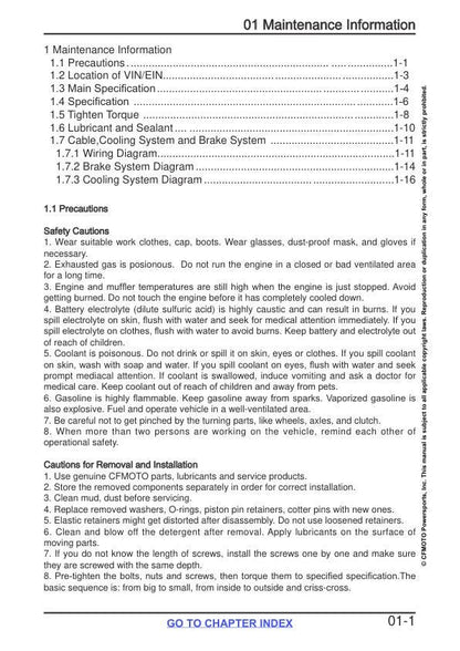 CFMOTO CFORCE 800XC Service Repair Manual table of contents