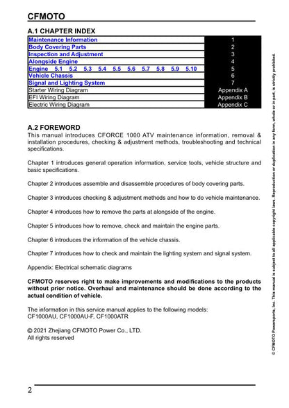 CFMOTO CFORCE 1000 Service Repair Manual table of contents
