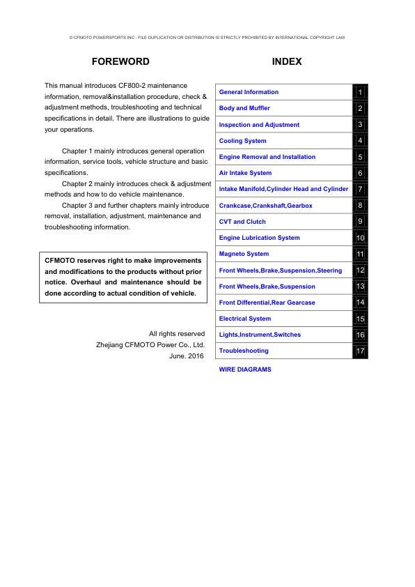 CFMOTO CFORCE CF800-2 Service Repair Manual table of contents