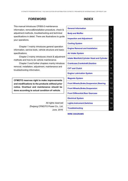 CFMOTO CFORCE CF800-2 Service Repair Manual table of contents
