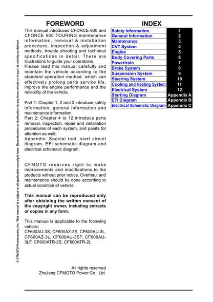 CFMOTO CFORCE CF600 CF625 Service Repair Manual table of contents