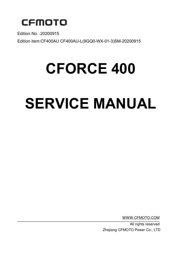 CFMOTO CFORCE 400 Service Repair Manual factory service manual title page