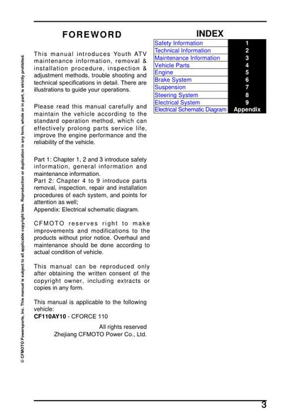 CFMOTO CFORCE 110 Service Repair Manual table of contents