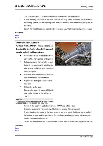 Moto Guzzi California 1400 Motorcycle Service Manual sample page with service data and tables