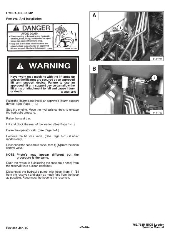 Bobcat 763 Skid Steer Loader Service Manual sample page with diagrams and specifications