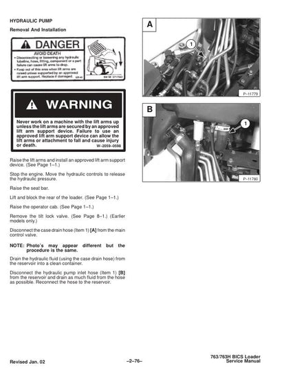 Bobcat 763 Skid Steer Loader Service Manual sample page with diagrams and specifications