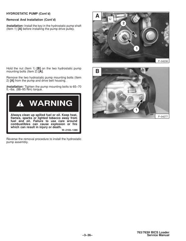 Bobcat 763 Skid Steer Loader Service Manual sample page showing repair procedures
