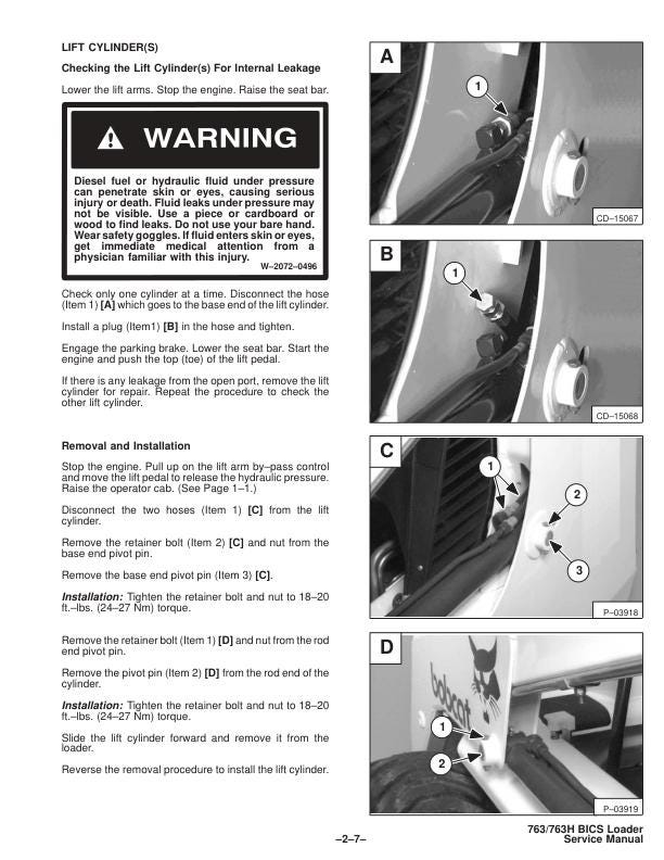 Bobcat 763 Skid Steer Loader Service Manual table of contents