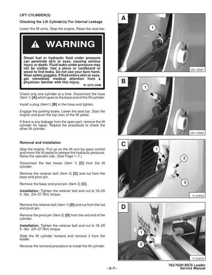 Bobcat 763 Skid Steer Loader Service Manual table of contents