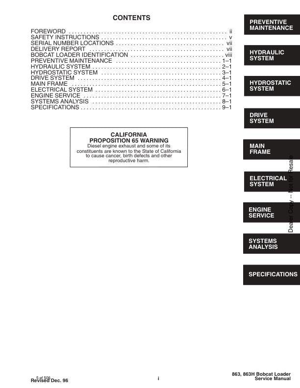 Bobcat 863 Skid Steer Loader Service Manual table of contents