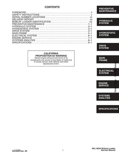 Bobcat 863 Skid Steer Loader Service Manual table of contents