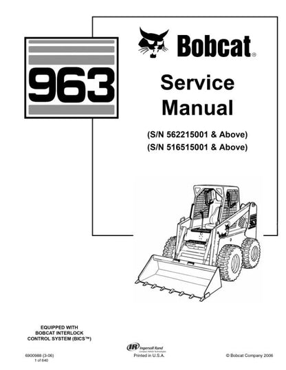 Bobcat 963 Skid Steer Loader Service Manual factory service manual title page