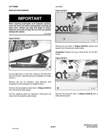 Bobcat 963 Skid Steer Loader Service Manual sample page with technical illustrations