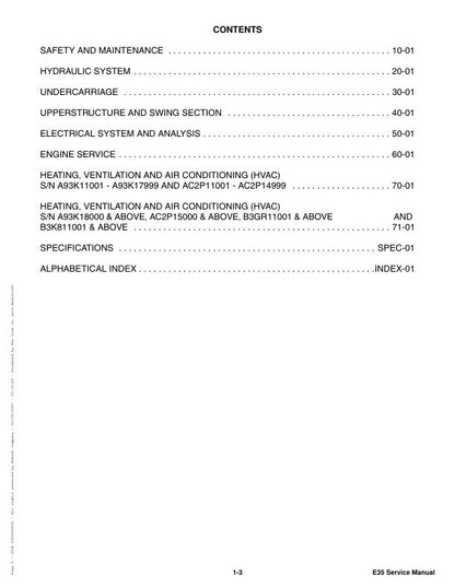 Bobcat E35 Compact Excavator Service Manual table of contents