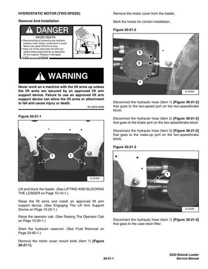 Bobcat s220 Skid Steer Loader Service Manual sample page with diagrams and specifications