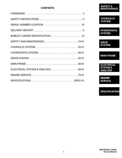 Bobcat S250 Skid Steer Loader Service Manual table of contents