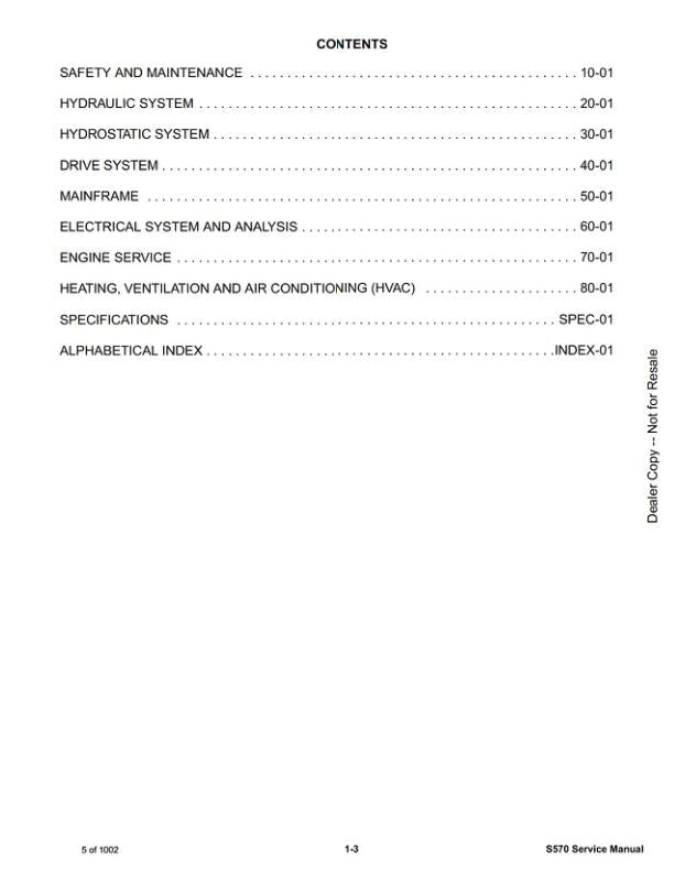 Bobcat S570 Skid Steer Loader Service Manual table of contents