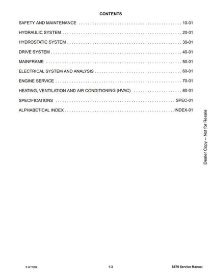 Bobcat S570 Skid Steer Loader Service Manual table of contents