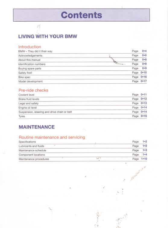 BMW F800 Twin K70 K71 K72 K73 K75 Service Manual table of contents