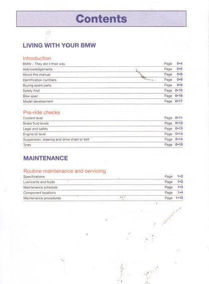 BMW F800 Twin K70 K71 K72 K73 K75 Service Manual table of contents