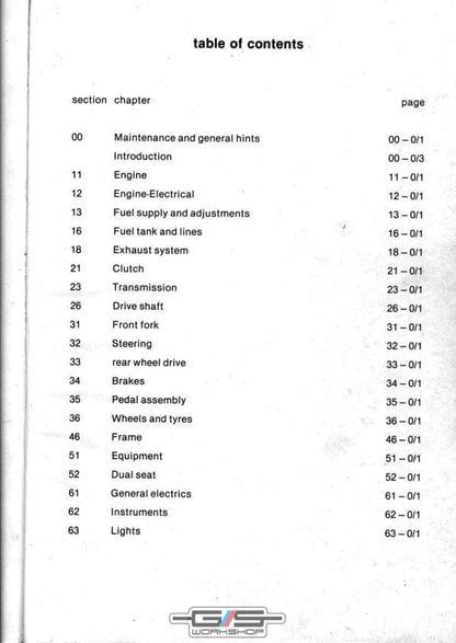BMW R80 GS 247 Airhead Motorcycle Service Manual table of contents