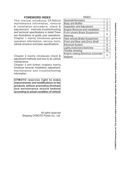 CFMOTO UFORCE 500 Service Repair Manual table of contents