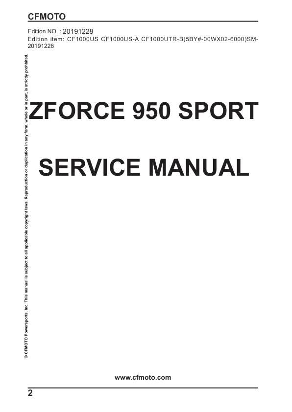 CFMOTO ZFORCE 950 sport Service Repair Manual factory service manual title page