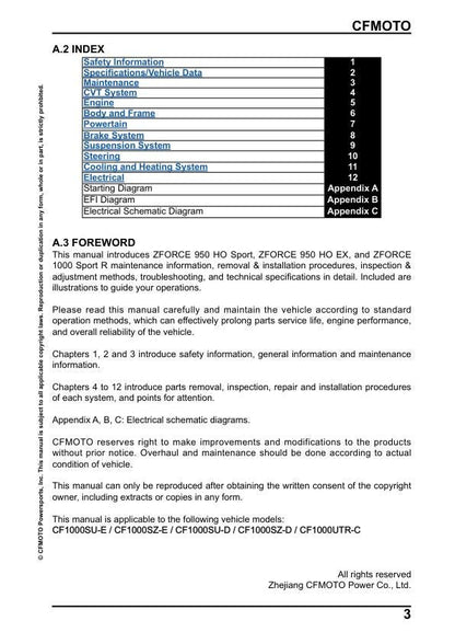 CFMOTO ZFORCE 950 H.O. Sport Ex 1000 Sport R Service Manual table of contents