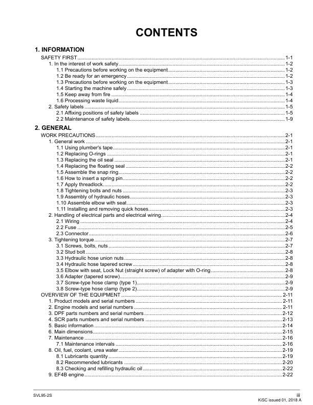 Kubota SVL95 2S Compact Track Loader Service Manual table of contents