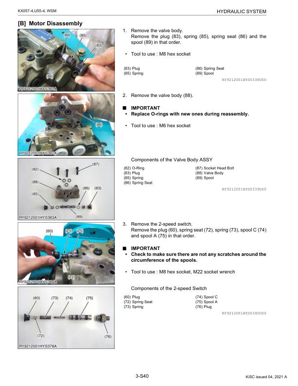 Kubota KX057-4 U55-4 Excavator Service Manual sample page showing repair procedures