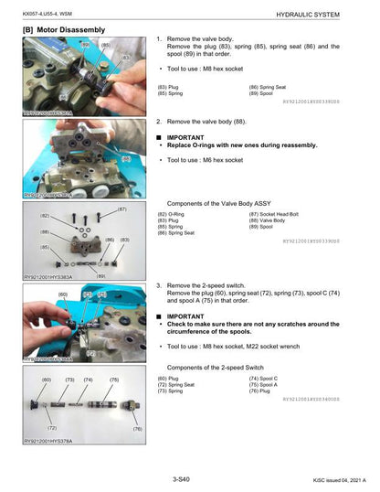 Kubota KX057-4 U55-4 Excavator Service Manual sample page showing repair procedures