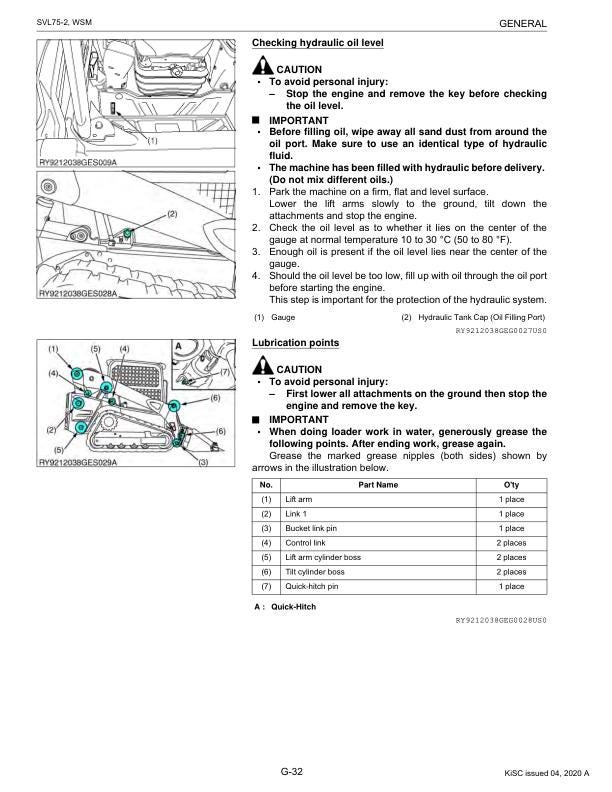 Kubota SVL75 2 Compact Track Loader Service Manual table of contents