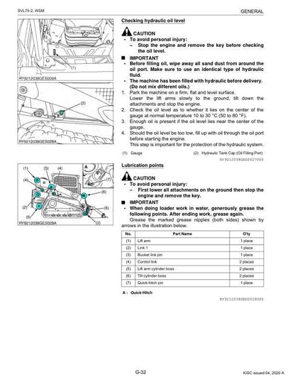 Kubota SVL75 2 Compact Track Loader Service Manual table of contents