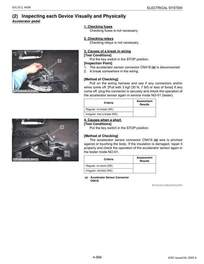 Kubota SVL75 2 Compact Track Loader Service Manual sample page with service data and tables