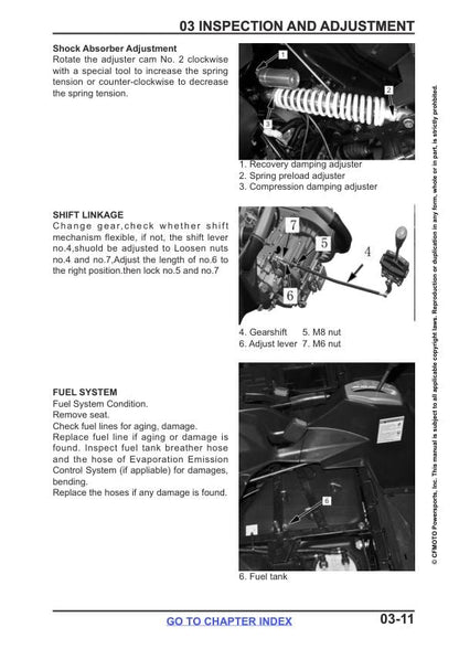 CFMOTO ZFORCE 500 Trail Service Manual sample page with diagrams and specifications