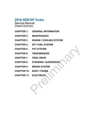 Polaris RZR XP Turbo UTV Service Manual table of contents