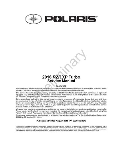 Polaris RZR XP Turbo UTV Service Manual factory service manual title page