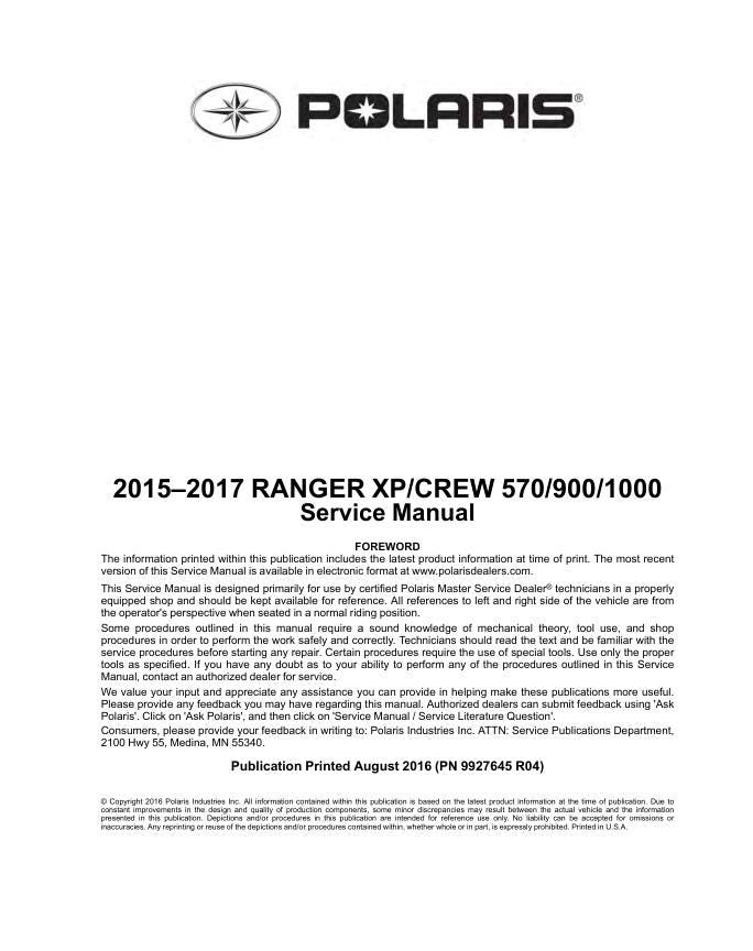 Polaris Ranger XP & Crew 570 900 1000 Service Manual factory service manual title page