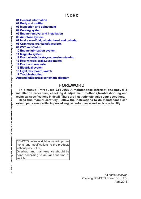 CFMOTO ZFORCE 800 Trail Service Manual table of contents