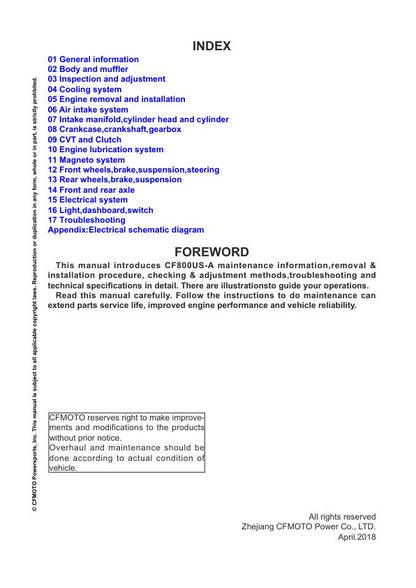CFMOTO ZFORCE 800 Trail Service Manual table of contents