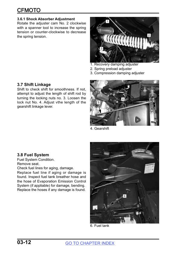 CFMOTO ZFORCE 800 Service Manual sample page with diagrams and specifications