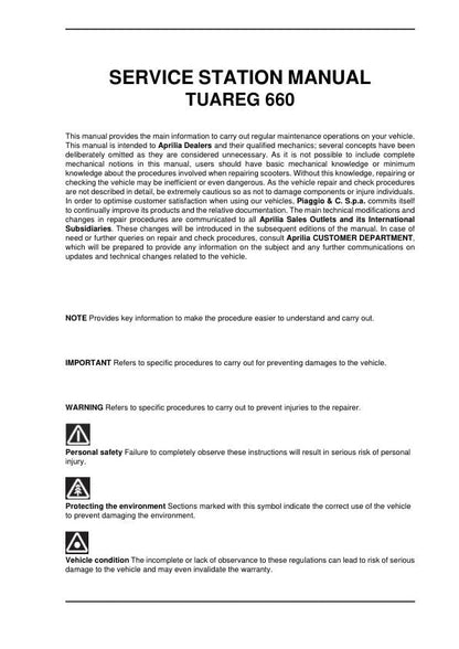 Aprilia Tuareg 660 Service Manual table of contents