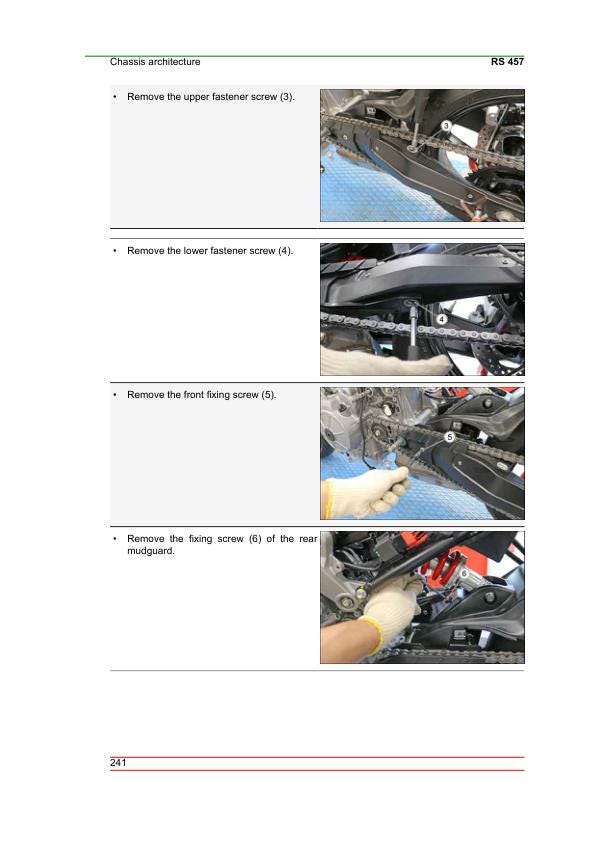 Aprilia RS 457 Service Manual sample page with technical illustrations