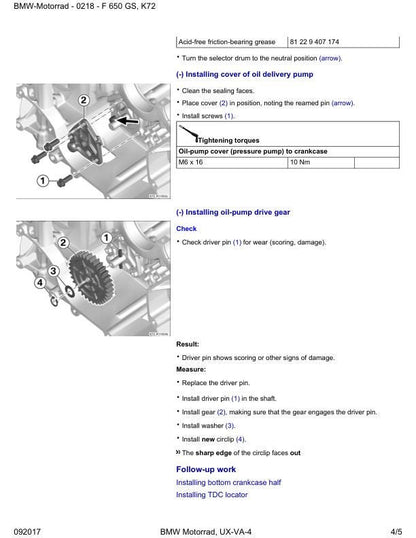 BMW F650 GS Dakar K72 Motorcycle Service Manual sample page with diagrams and specifications