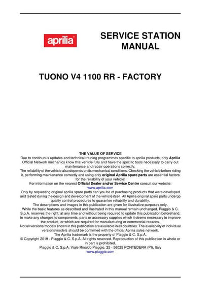 Aprilia Tuono V4 1100 RR - Factory Service Manual table of contents