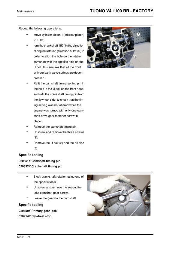 Aprilia Tuono V4 1100 RR - Factory Service Manual sample page with diagrams and specifications