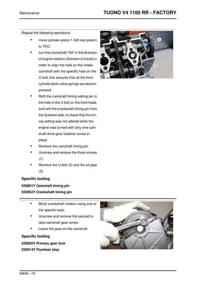 Aprilia Tuono V4 1100 RR - Factory Service Manual sample page with diagrams and specifications