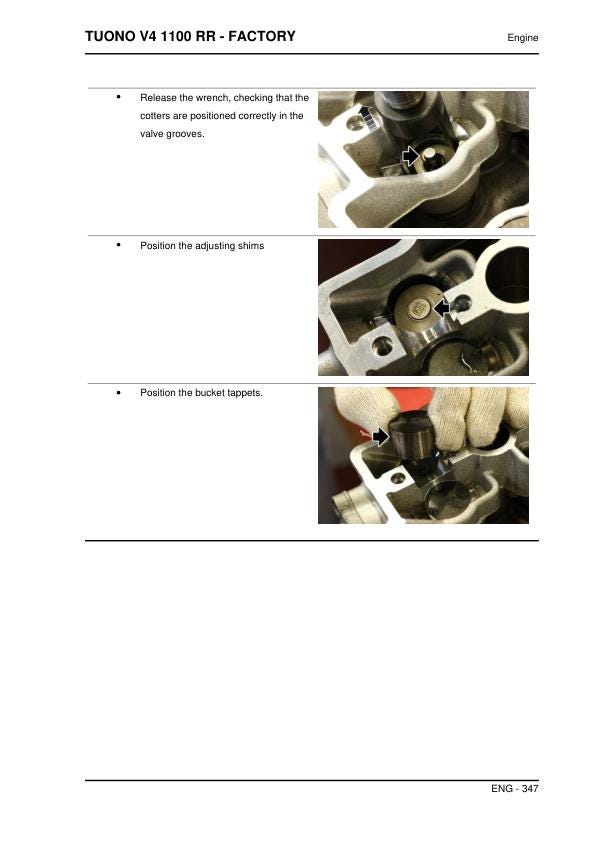 Aprilia Tuono V4 1100 RR - Factory Service Manual sample page with service data and tables