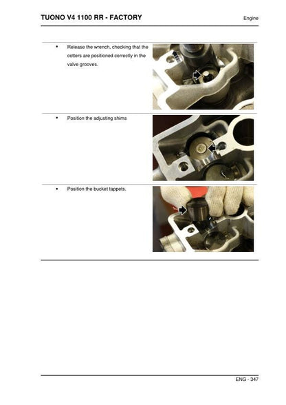 Aprilia Tuono V4 1100 RR - Factory Service Manual sample page with service data and tables